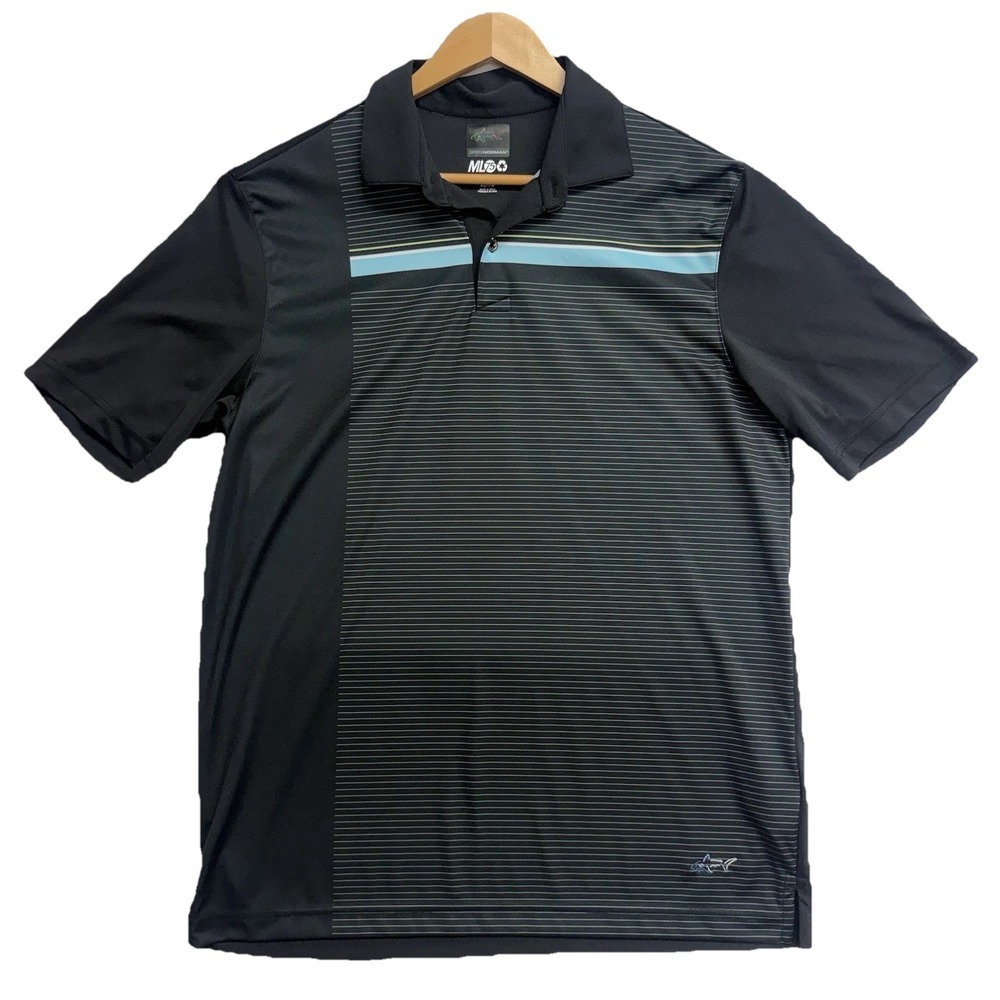 Greg Norman Men's Medium Black Striped Golf Polo Play Dry Short Sleeve Shirt